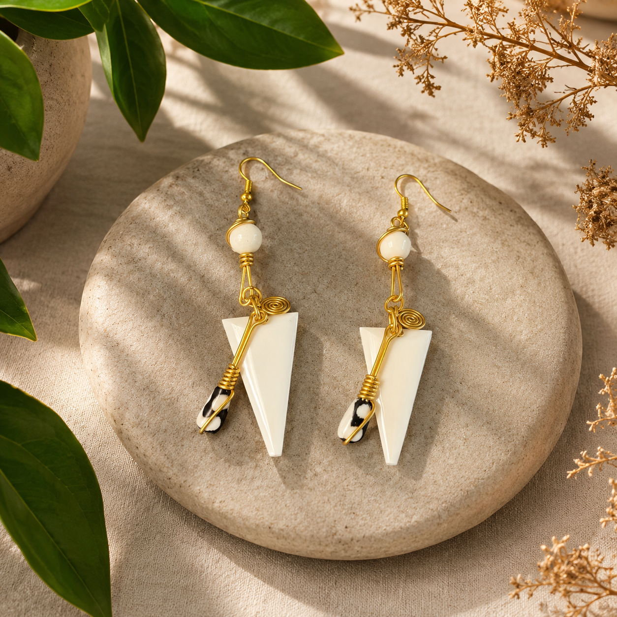 Kenyan Africa Statement Earrings - Bone and Brass