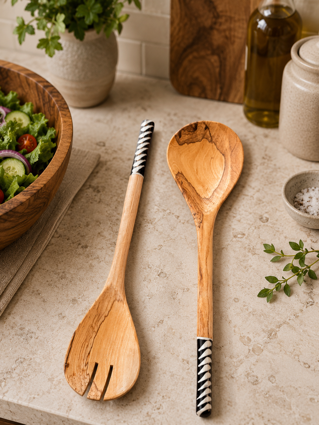 Handmade Olive Wood Salad Set Zebra Design- Cowbone Handle