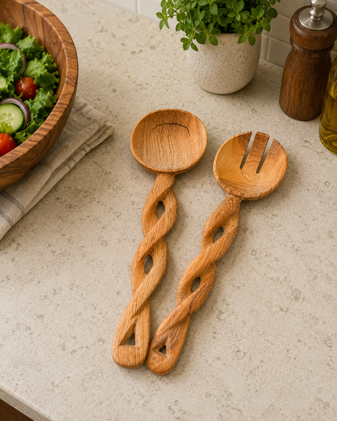 Handmade Olive Wood Salad Set Twisted Design- Cowbone Handle (Copy)